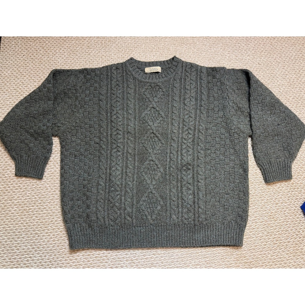 Cabelas 100% Wool Cable Knit Sweater Charcoal Gray Crewneck Fisherman coastal XL